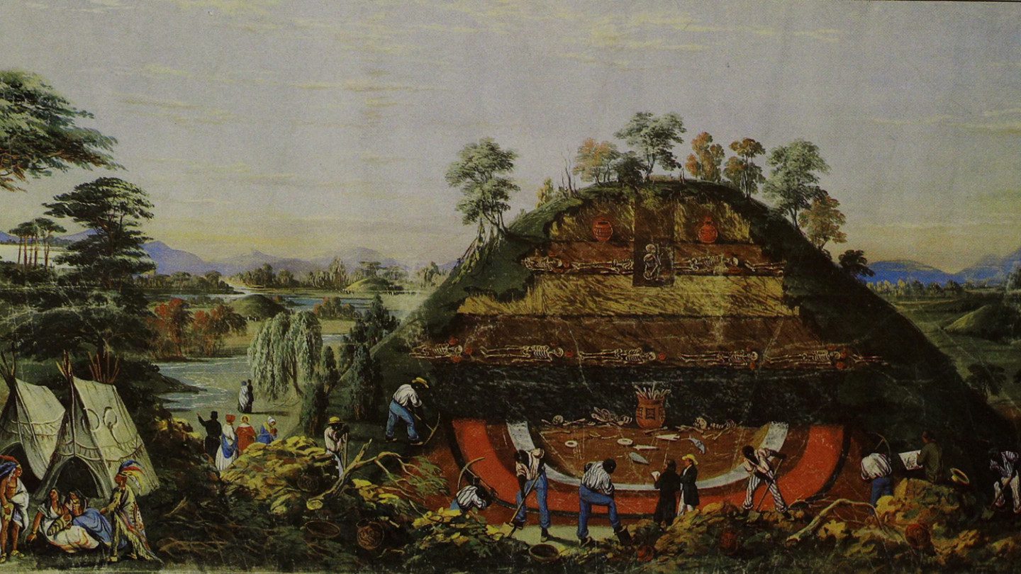 filmstillsbild från "The Offspring Resembles the Parent", äldre målning av en kulle där de olika lagren i kullens jord syns. Runt kullen gräver personer