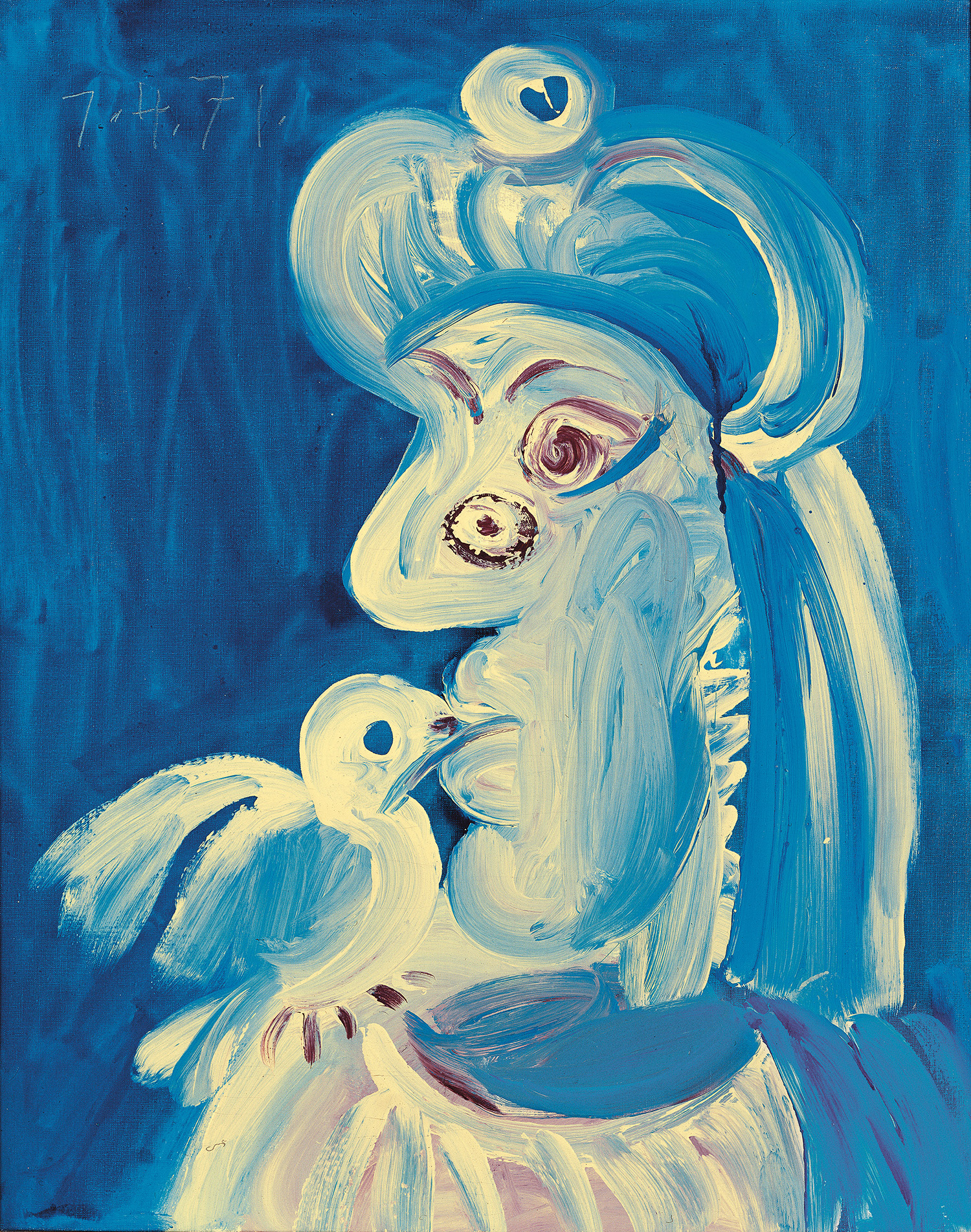 blue painting woman and bird