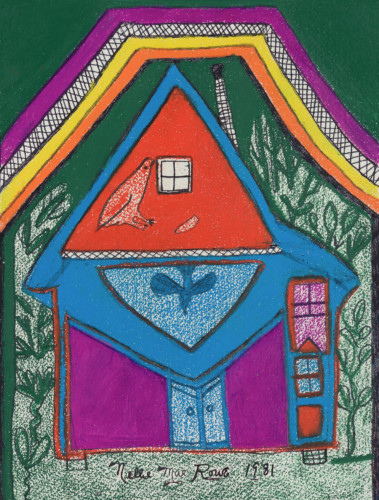 Drawing with crayon on Nellie Mae Rowe's house, painted in bright colours.