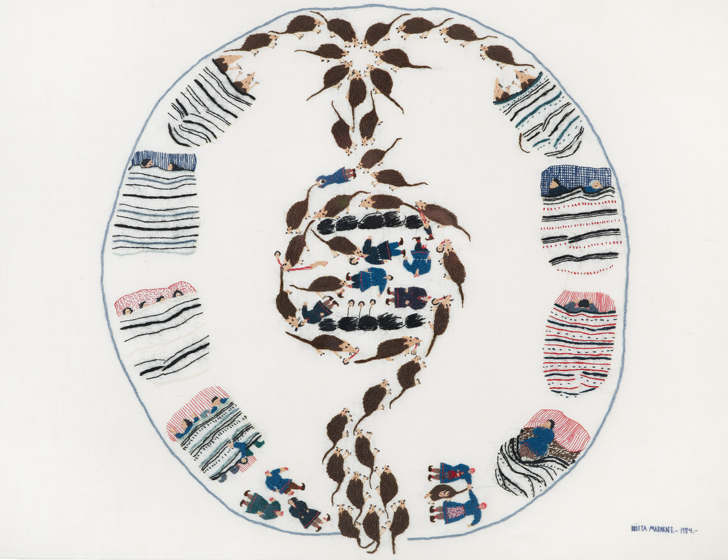 Embroidered circular piece featuring tucked-in people and rats.
