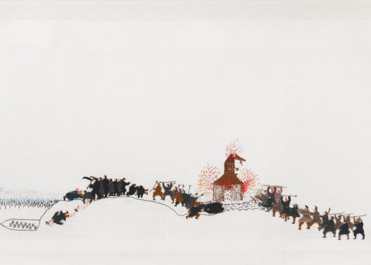 Embroidered piece featuring a landscape, people, and a burning building.