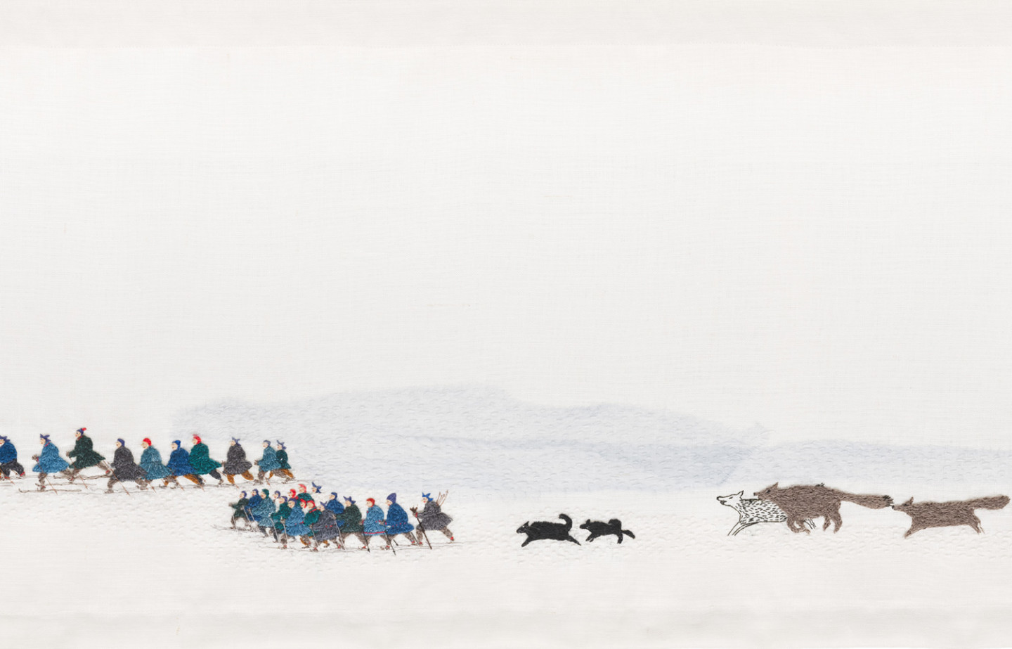 Embroidered piece featuring wolves, dogs, and skiing people