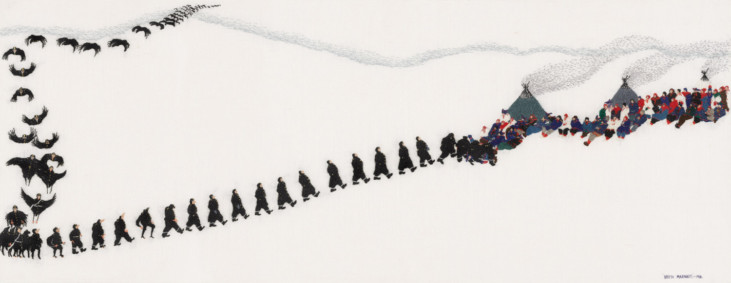 Embroidered work depicting Sámi kåtas (traditional tents), human figures, and ravens.