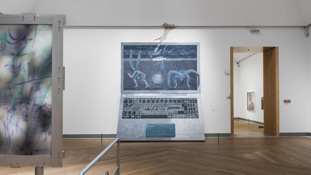 An artwork depicting a large laptop