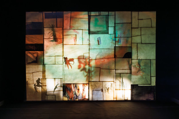 A large artwork with light and shadow installations