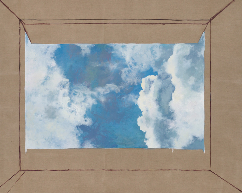 Painting of a blue sky and white clouds