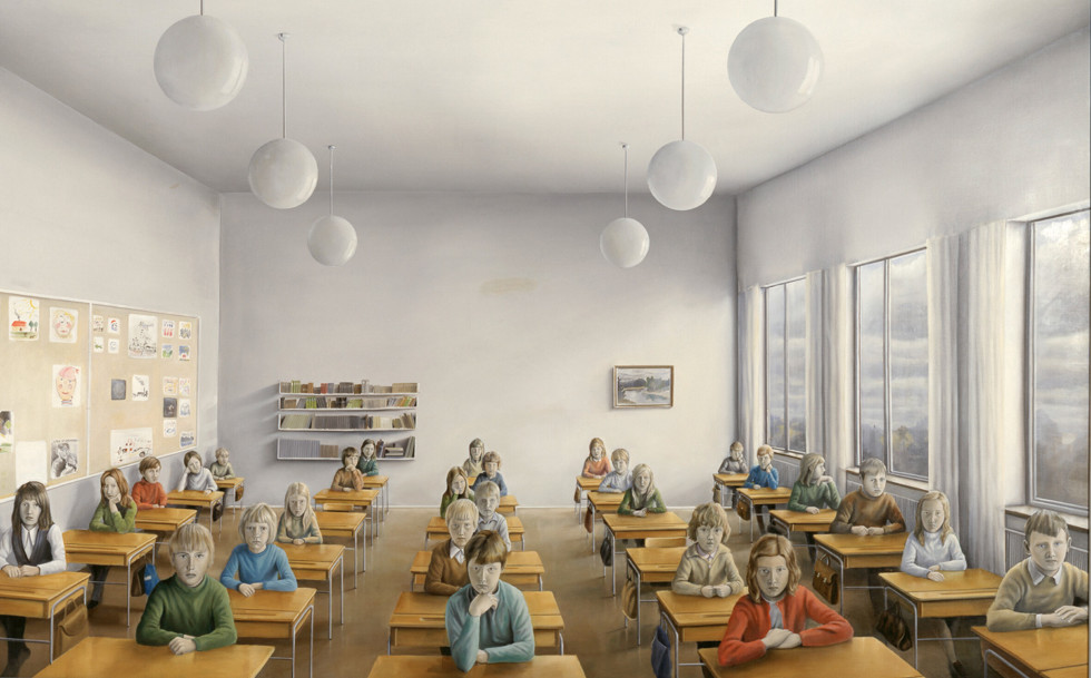Painting by Peter Tillberg of a classroom filled with children