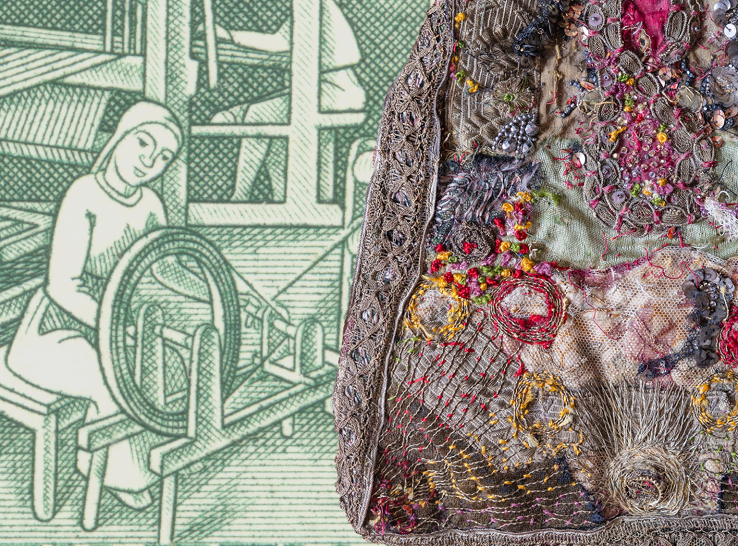 Hörn av en broderad väska bredvid ett grönt frimärke med en spinnerska